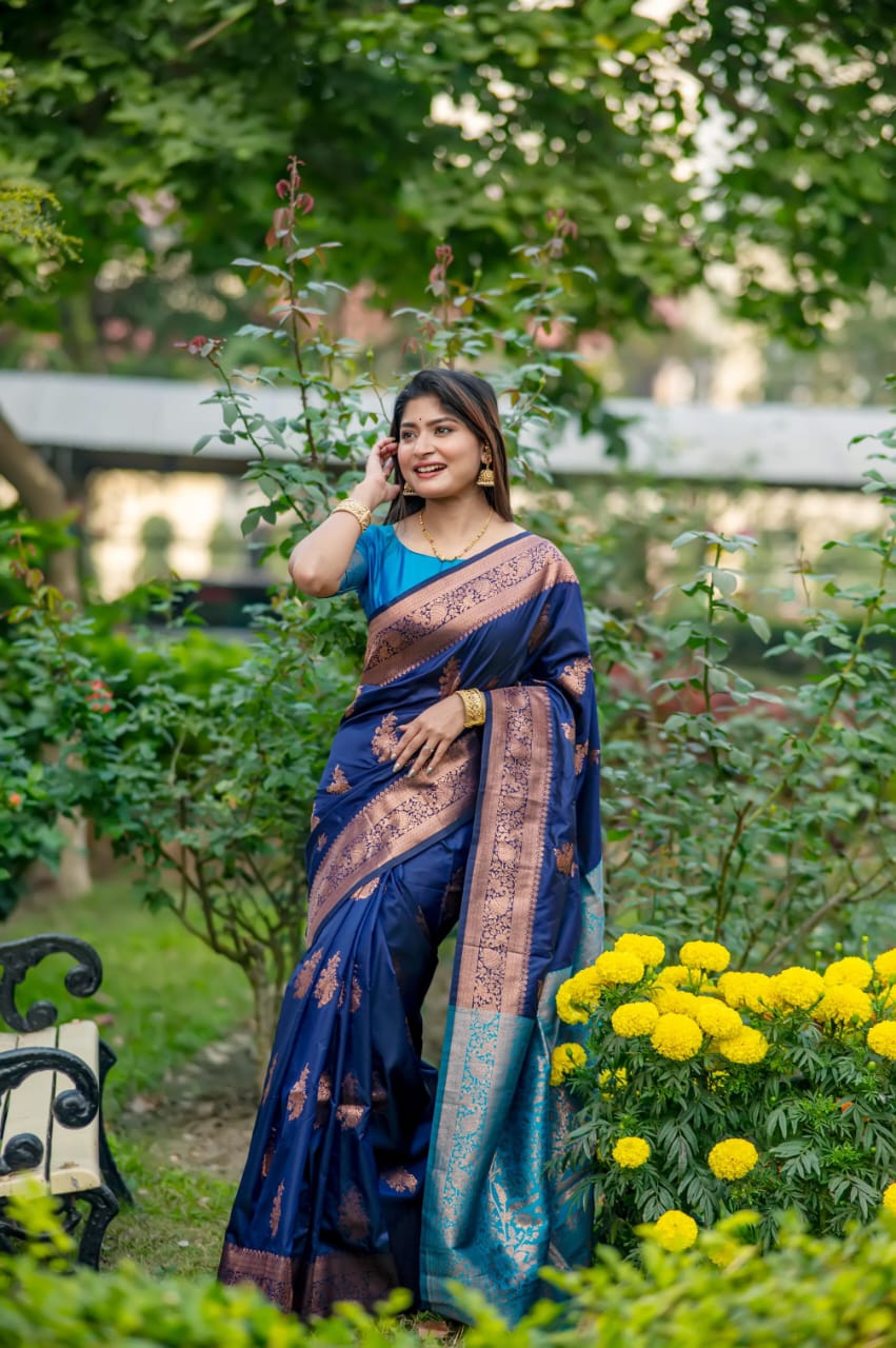 Royal Teal Blue Soft Banarasi Katan Silk Pattu Saree with Purple Contrast Zari Pallu