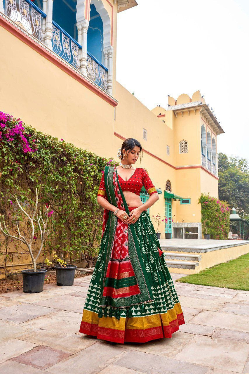 Regal Red & Green Ikat Patola Lehenga Set with Blouse & Dupatta