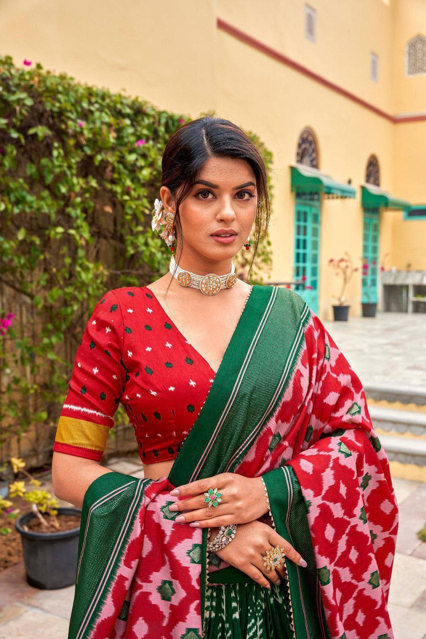 Regal Red & Green Ikat Patola Lehenga Set with Blouse & Dupatta