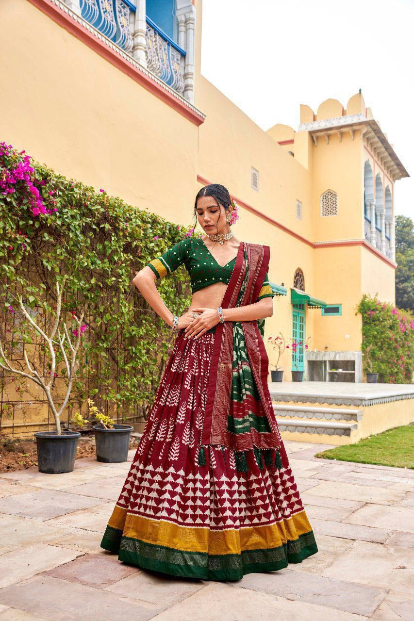 Maroon & Green Dola Silk Patola Print Lehenga Set