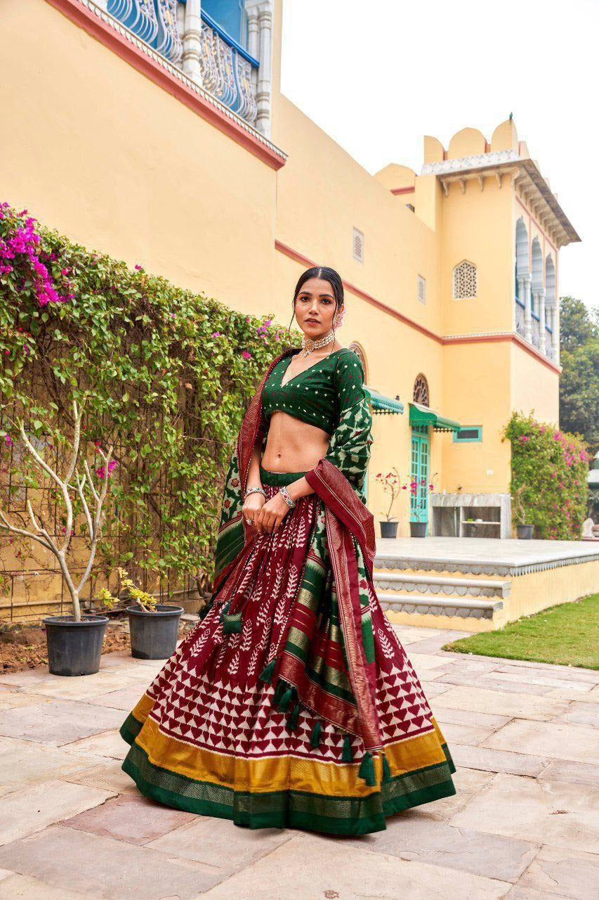 Maroon & Green Dola Silk Patola Print Lehenga Set