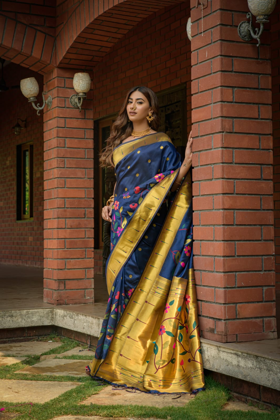 Royal Bloom Paithani – Navy Blue Soft Silk Saree with Gold Zari and Floral Pallu