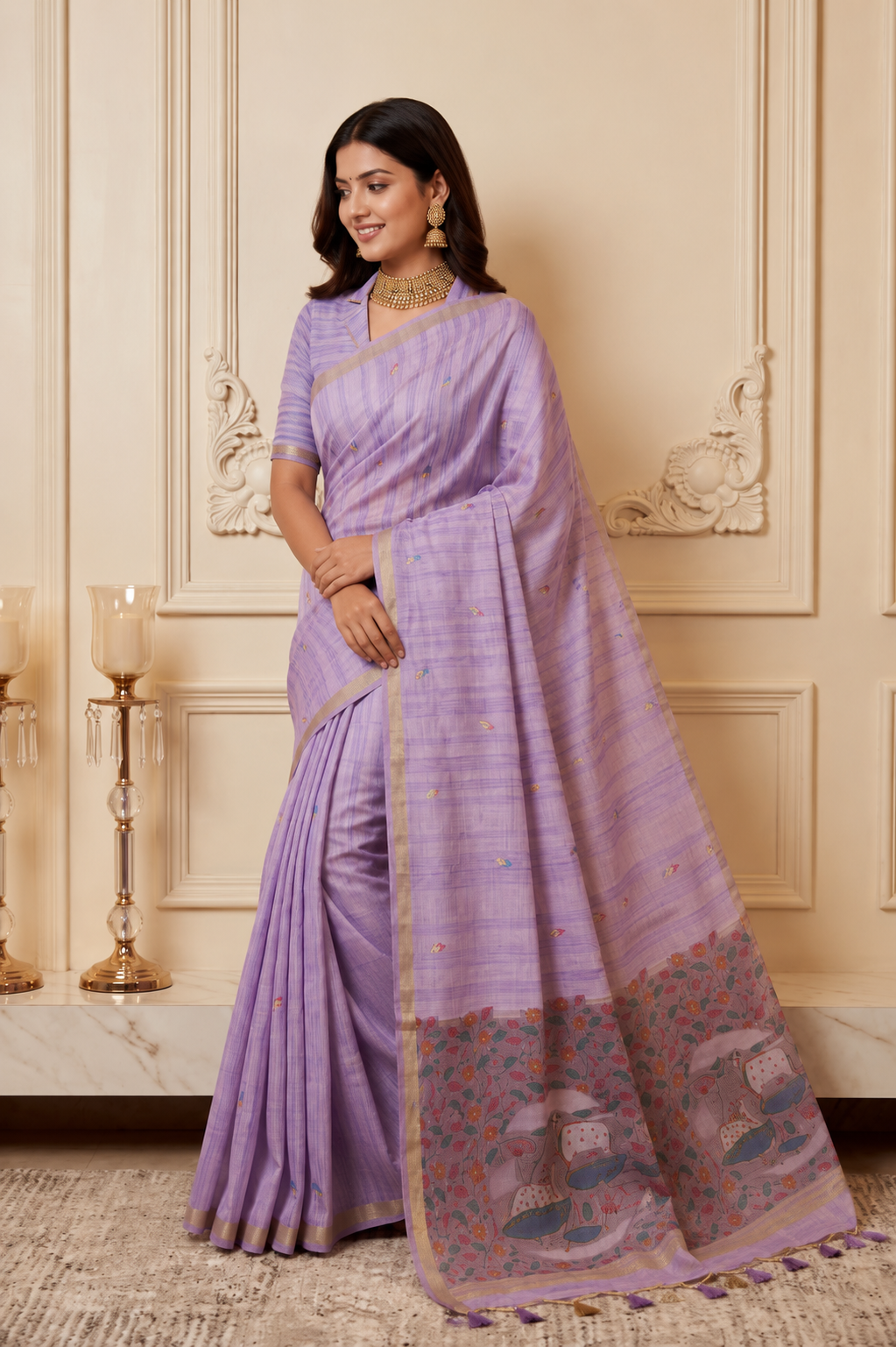 Lavender Premium Ghicha Cotton Saree with Resham Woven Pichwai Pallu