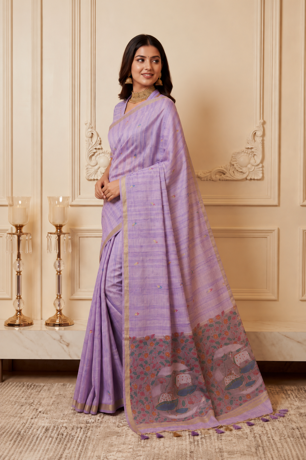 Lavender Premium Ghicha Cotton Saree with Resham Woven Pichwai Pallu