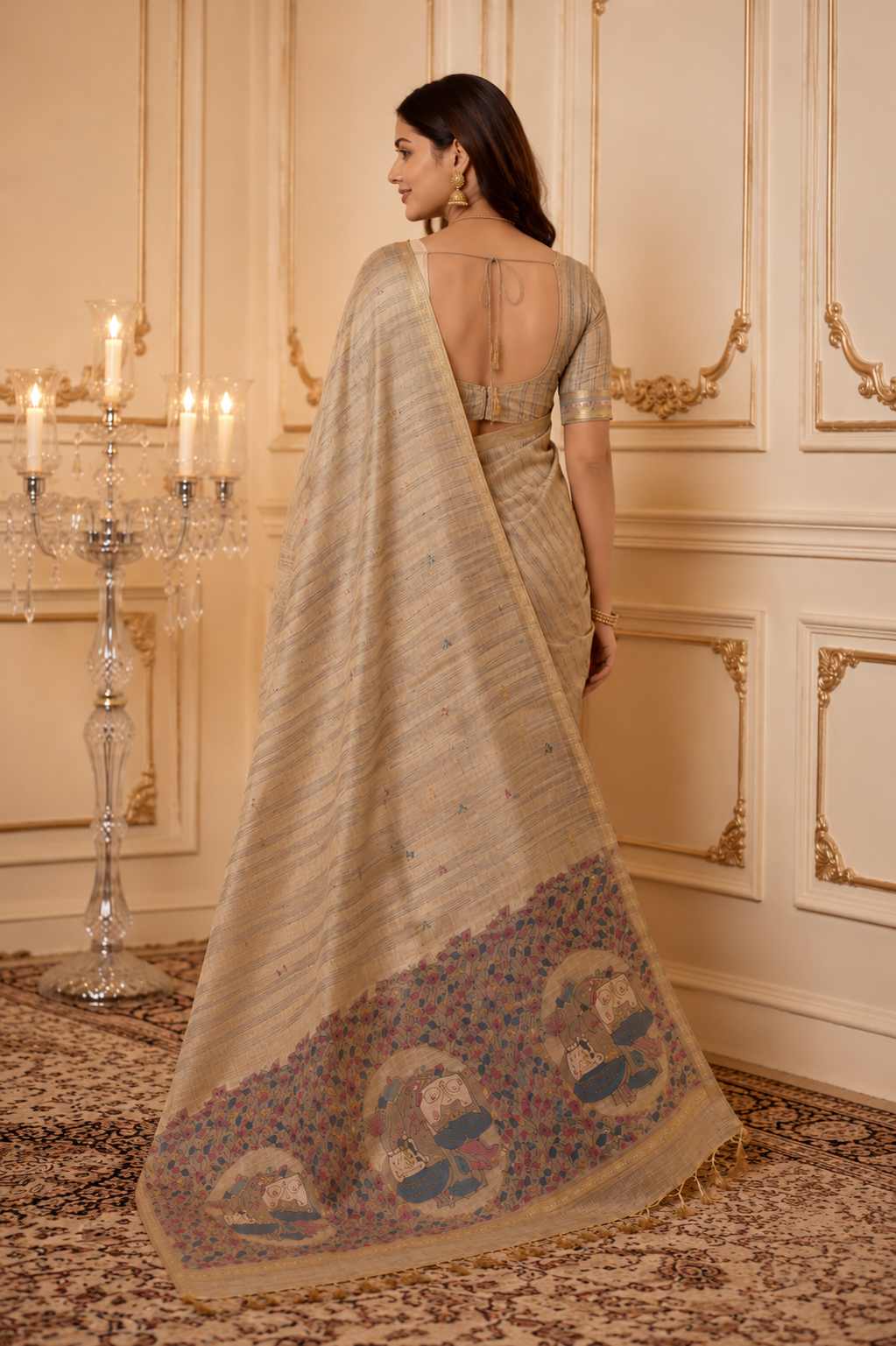 Natural Beige Premium Ghicha Cotton Saree with Resham Woven Pichwai Pallu
