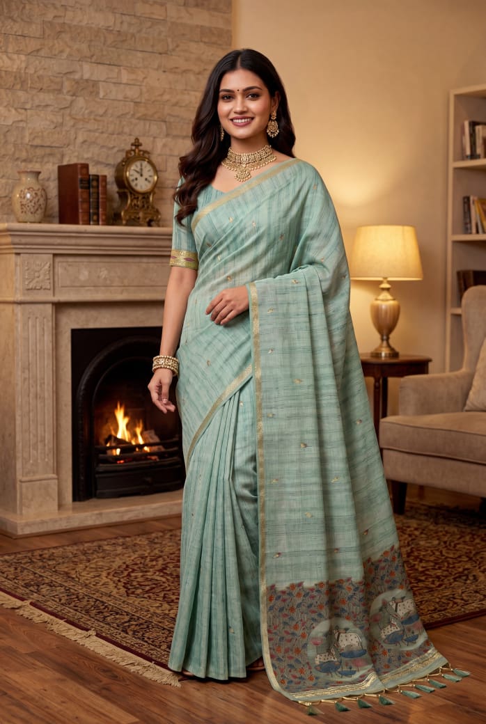 Aqua Mist Premium Ghicha Cotton Saree with Resham Woven Pichwai Pallu
