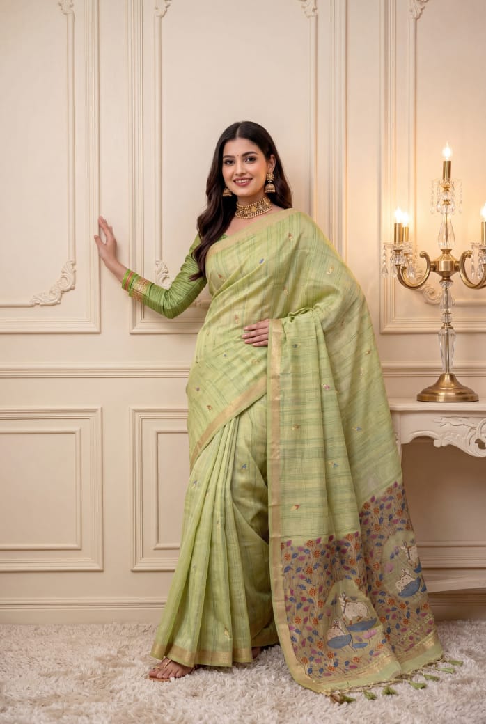 Pistachio Green Premium Ghicha Cotton Saree with Resham Woven Pichwai Pallu