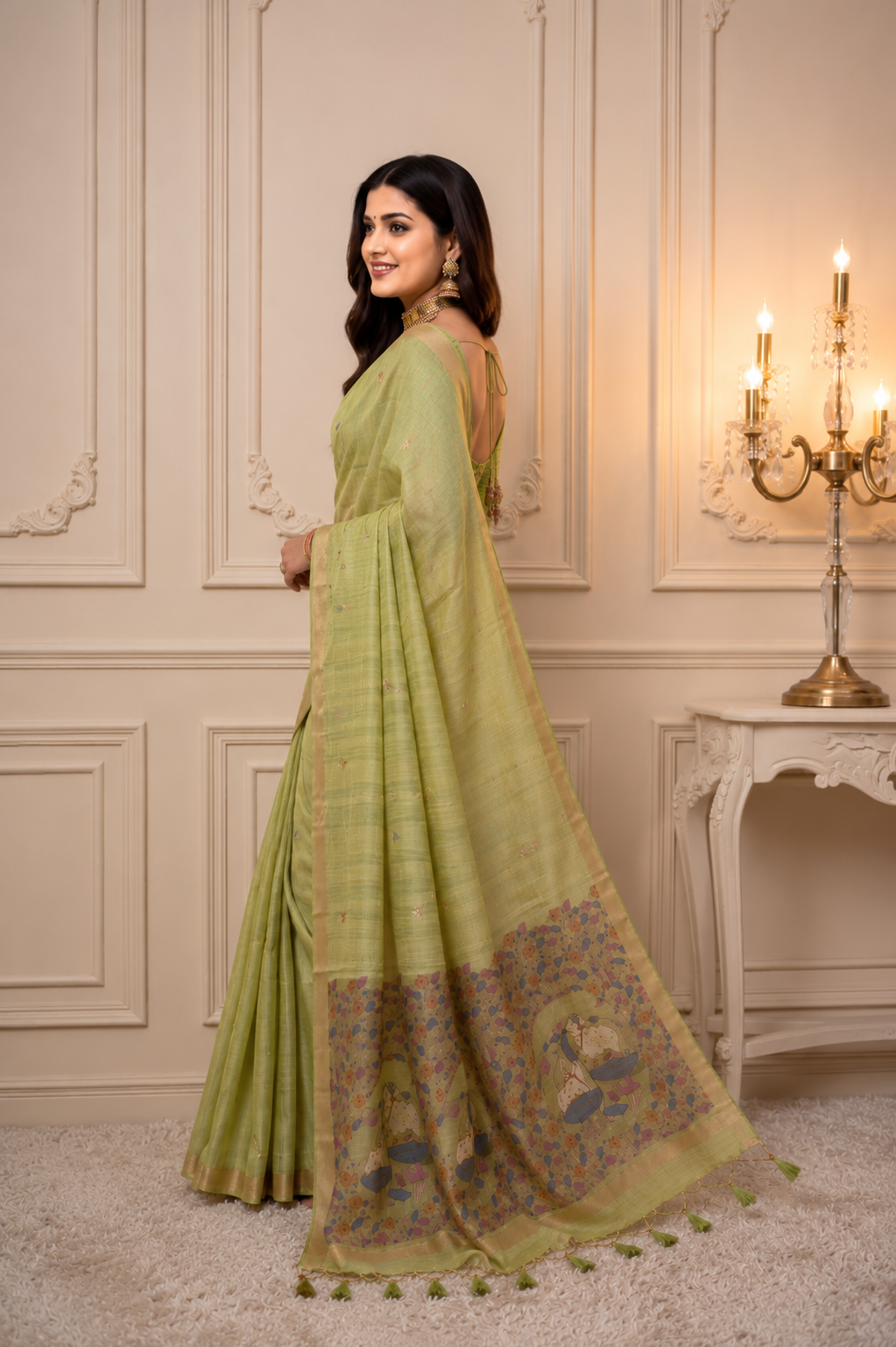 Pistachio Green Premium Ghicha Cotton Saree with Resham Woven Pichwai Pallu