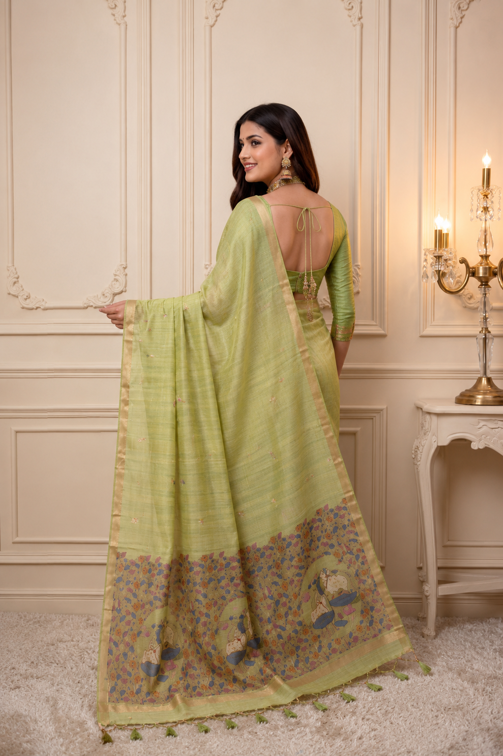 Pistachio Green Premium Ghicha Cotton Saree with Resham Woven Pichwai Pallu
