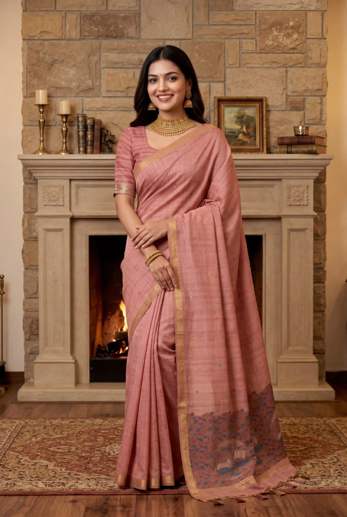 Dusty Rose Premium Ghicha Cotton Saree with Resham Woven Pichwai Pallu