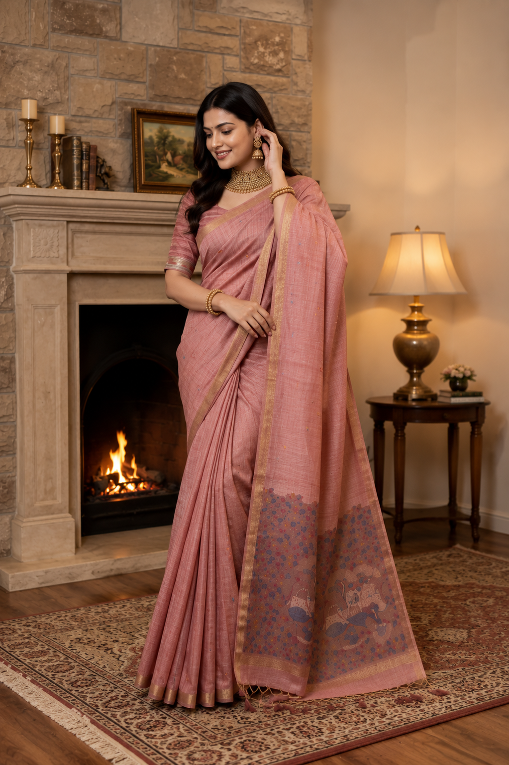 Dusty Rose Premium Ghicha Cotton Saree with Resham Woven Pichwai Pallu