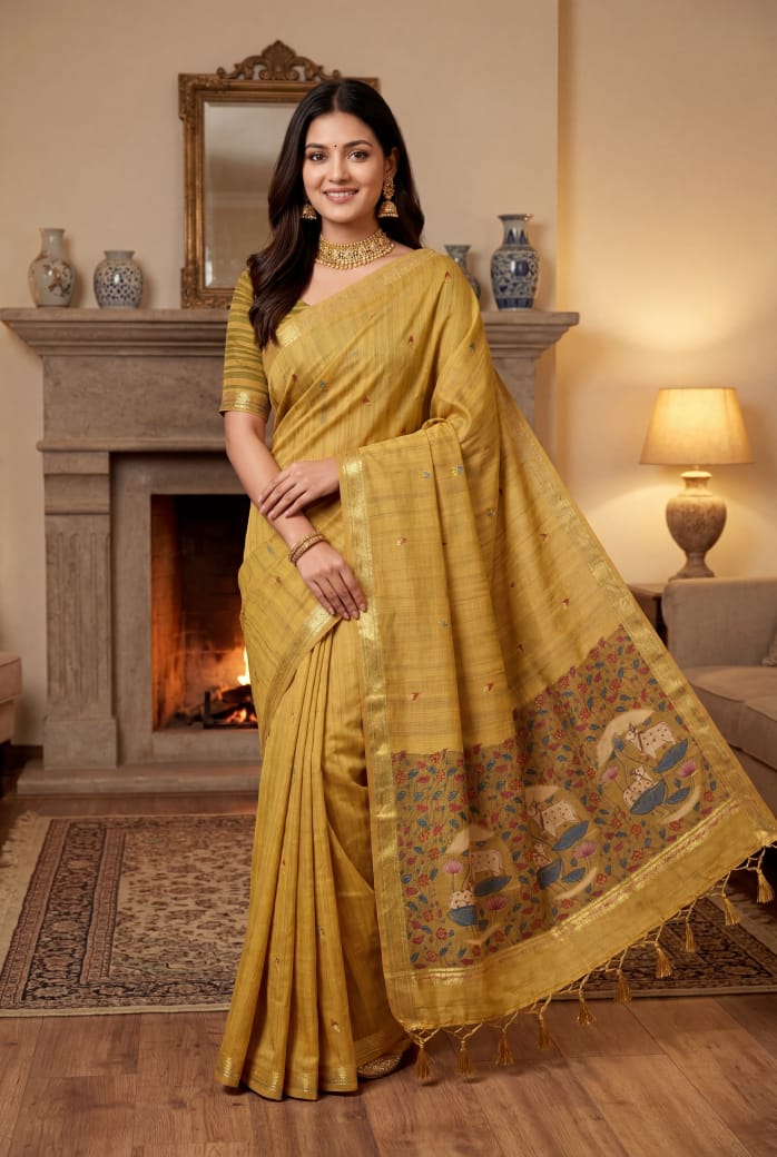 Mustard Gold Premium Ghicha Cotton Saree with Resham Woven Pichwai Pallu