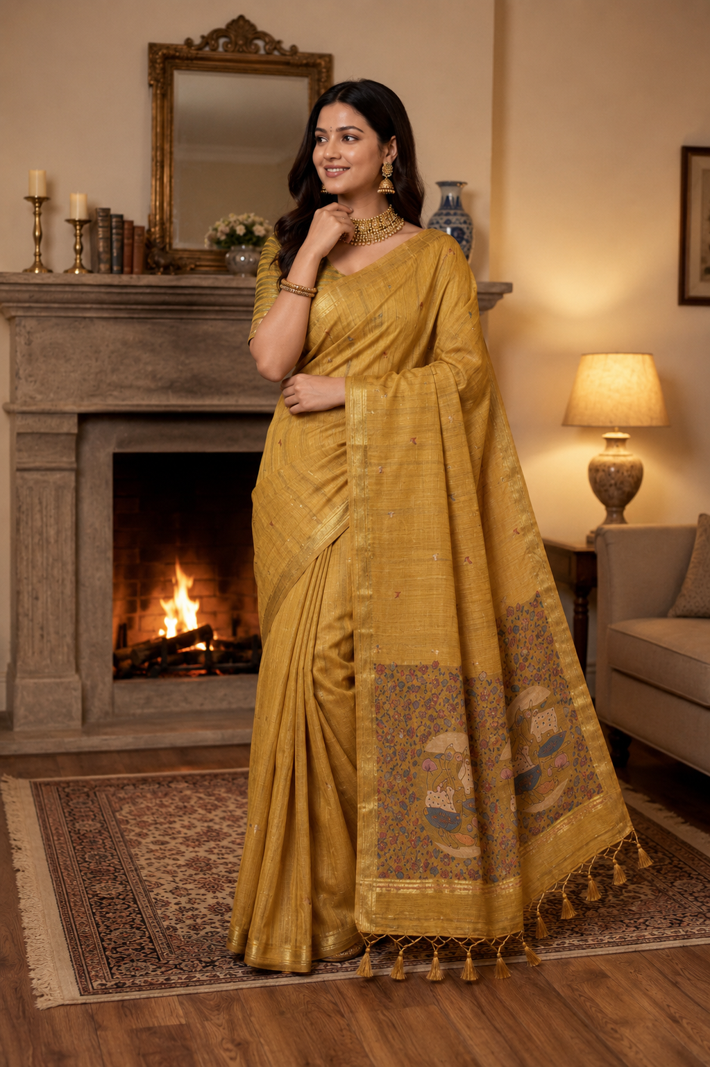 Mustard Gold Premium Ghicha Cotton Saree with Resham Woven Pichwai Pallu