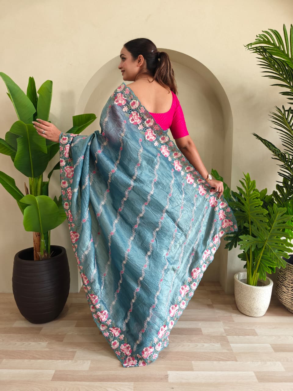 Sky Blue Pure Crush Silk Saree with Leheriya Embroidery & Floral Cut Work Contrast Pallu