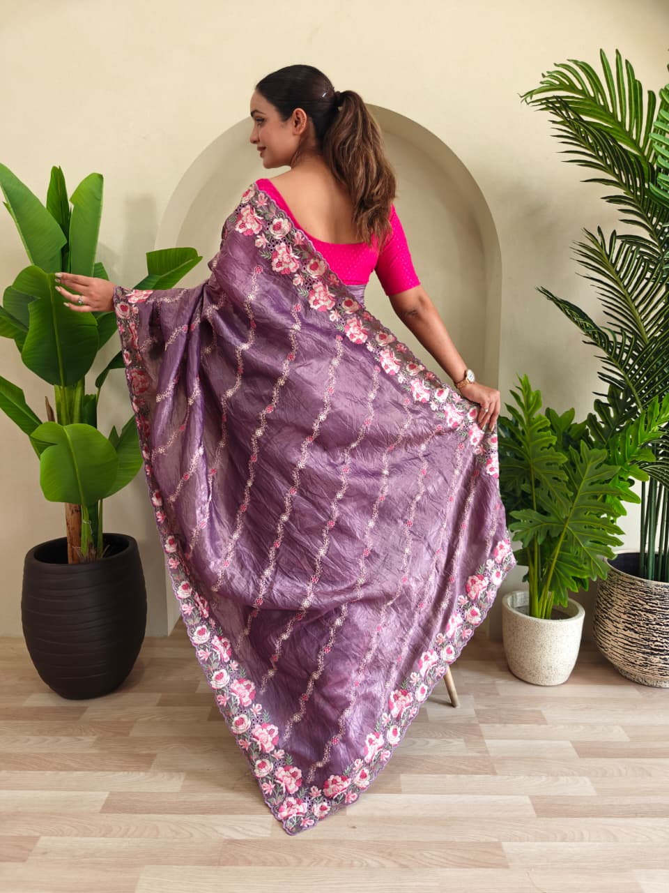 Dusty Lavender Pure Crush Silk Saree with Leheriya Embroidery & Floral Cut Work Contrast Pallu