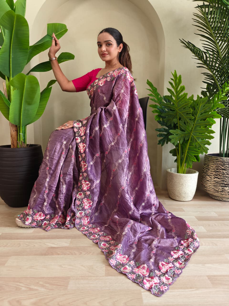 Dusty Lavender Pure Crush Silk Saree with Leheriya Embroidery & Floral Cut Work Contrast Pallu