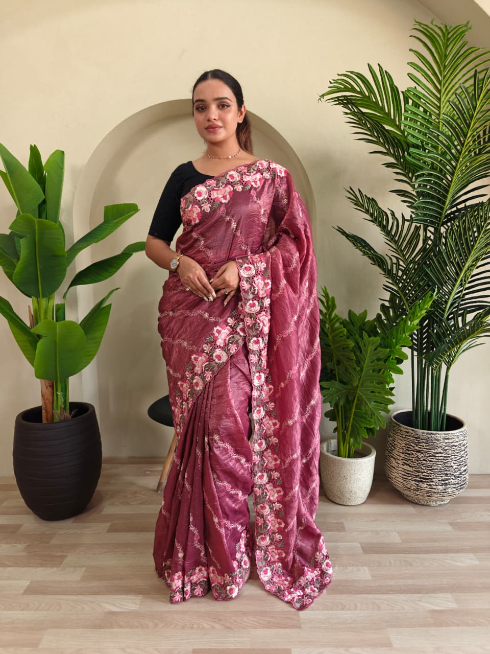 Rosewood Mauve Pure Crush Silk Saree with Leheriya Embroidery & Floral Cut Work Contrast Pallu