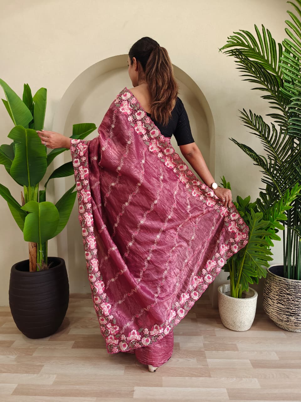 Rosewood Mauve Pure Crush Silk Saree with Leheriya Embroidery & Floral Cut Work Contrast Pallu