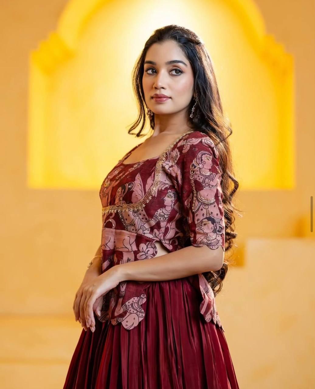 Elegant Kalamkari Print Chinon Crop Top with Ombre Lehenga – Maroon & Peach