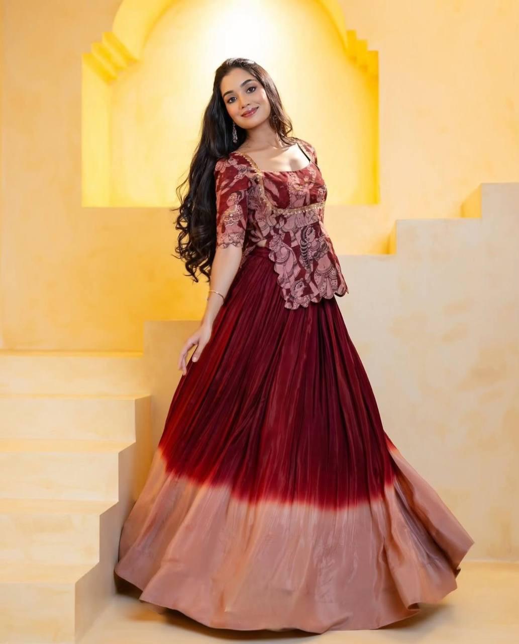 Elegant Kalamkari Print Chinon Crop Top with Ombre Lehenga – Maroon & Peach