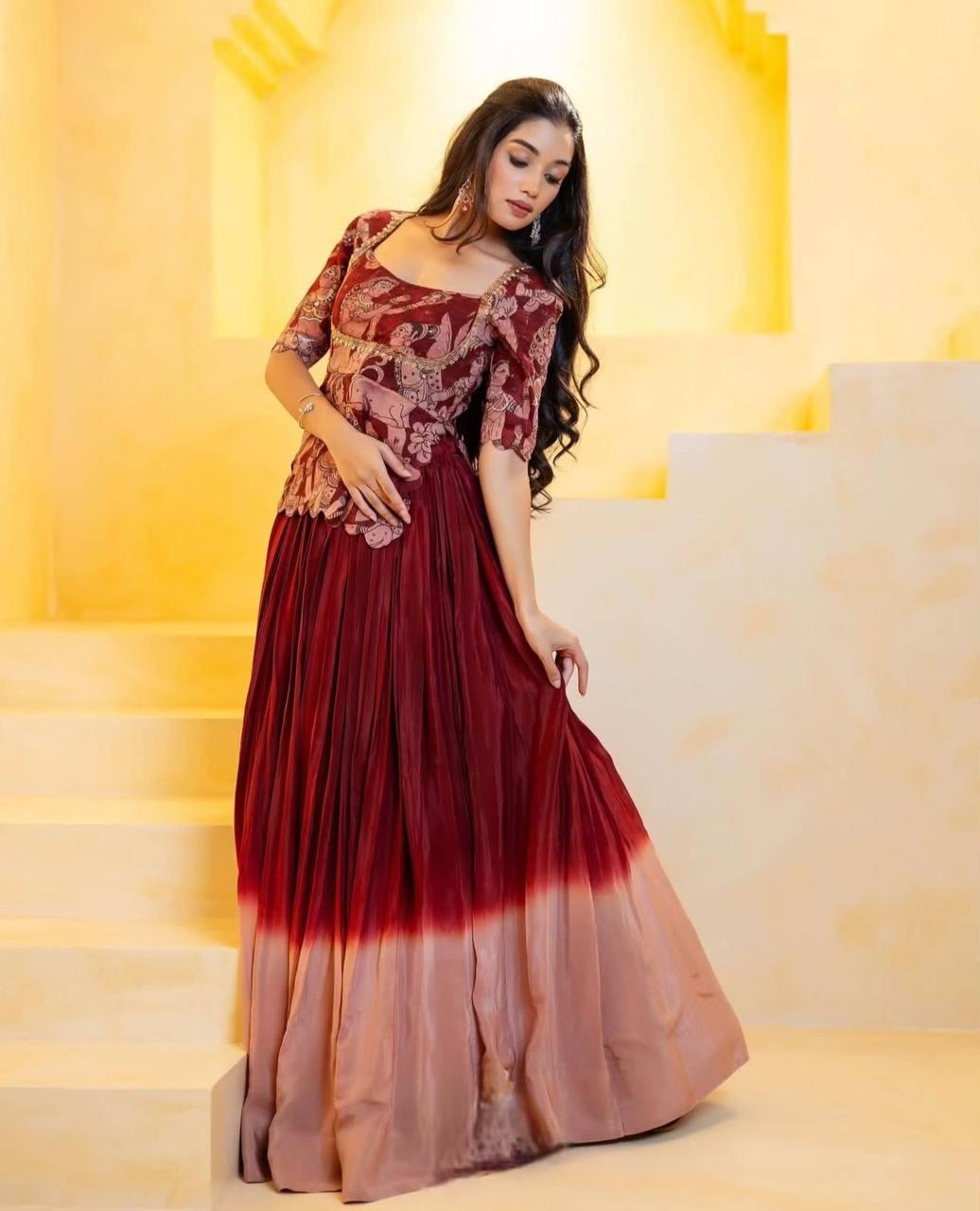 Elegant Kalamkari Print Chinon Crop Top with Ombre Lehenga – Maroon & Peach