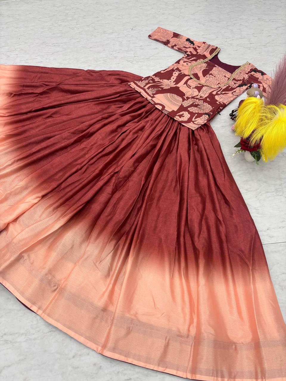 Elegant Kalamkari Print Chinon Crop Top with Ombre Lehenga – Maroon & Peach