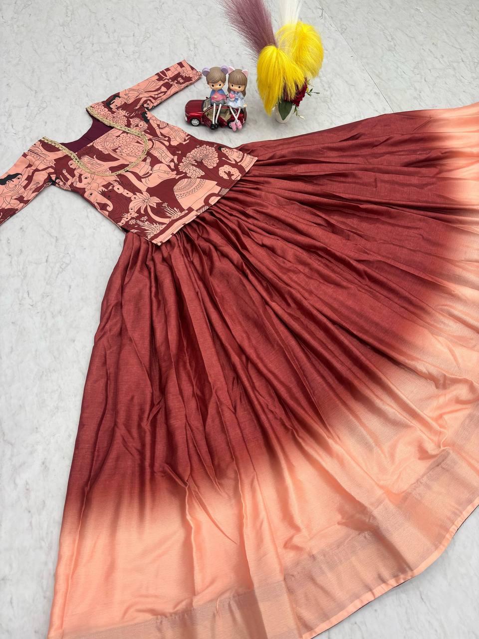 Elegant Kalamkari Print Chinon Crop Top with Ombre Lehenga – Maroon & Peach