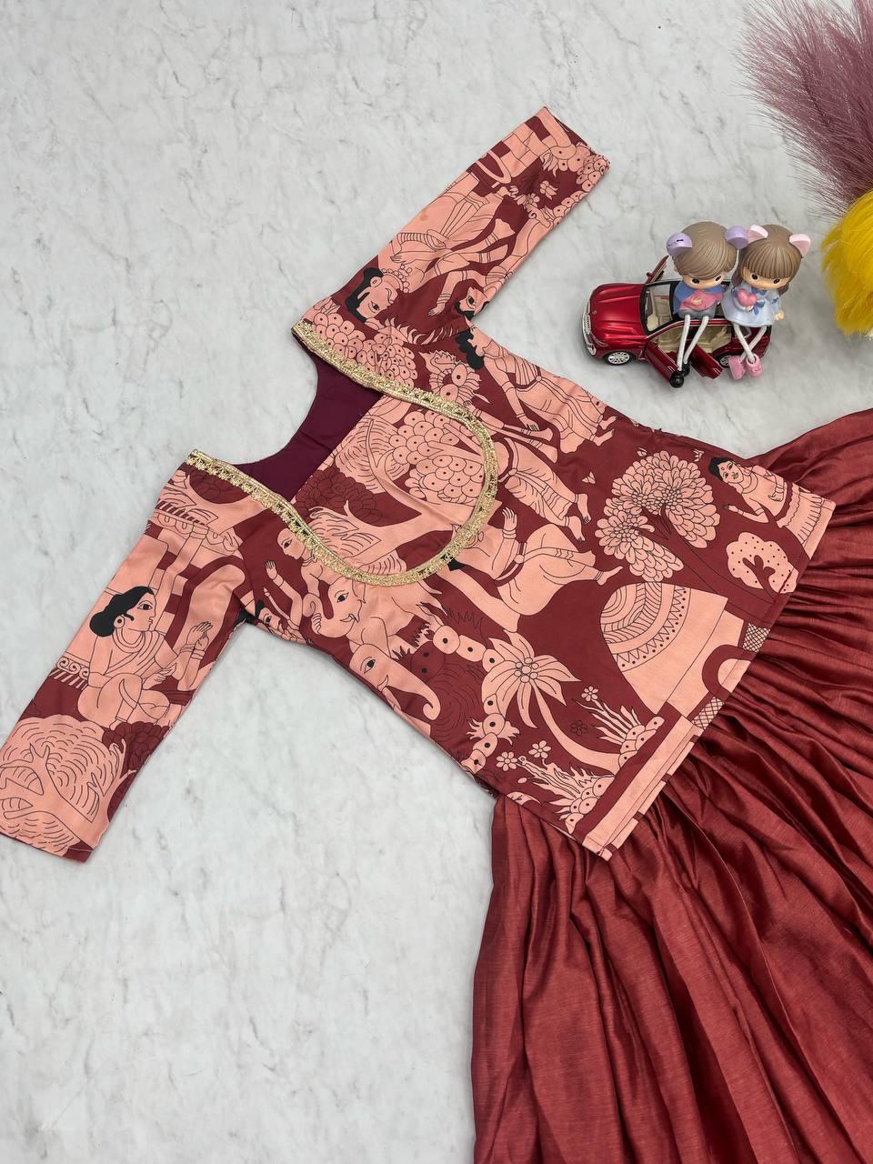 Elegant Kalamkari Print Chinon Crop Top with Ombre Lehenga – Maroon & Peach