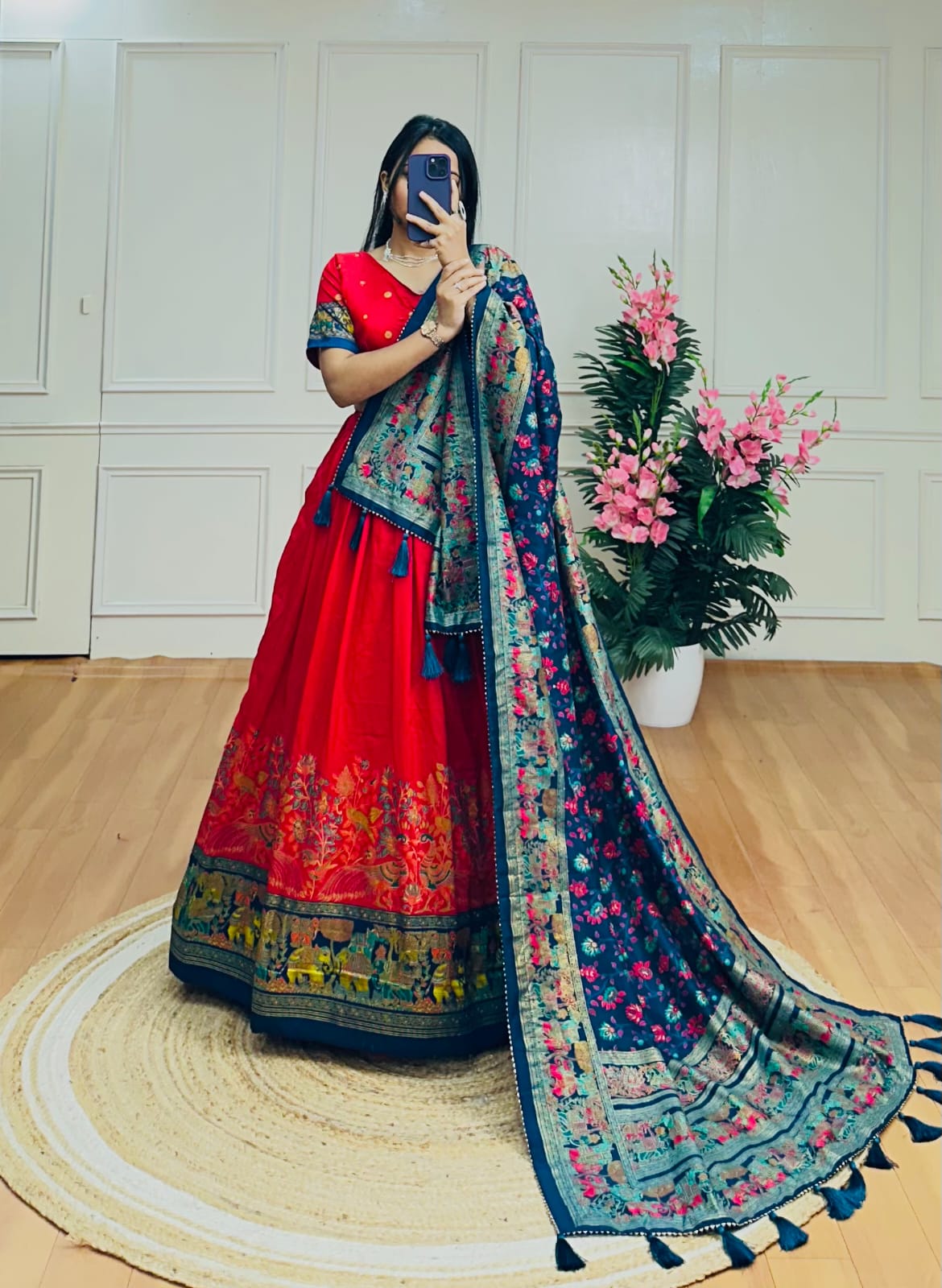 Royal Radiance – Red Tussar Silk Lehenga with Kalamkari & Foil Print
