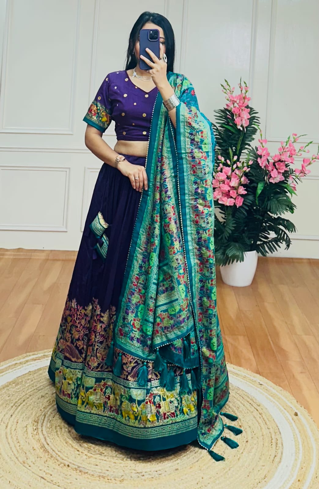 Mystic Garden – Purple Tussar Silk Lehenga with Teal Kalamkari Foil Dupatta