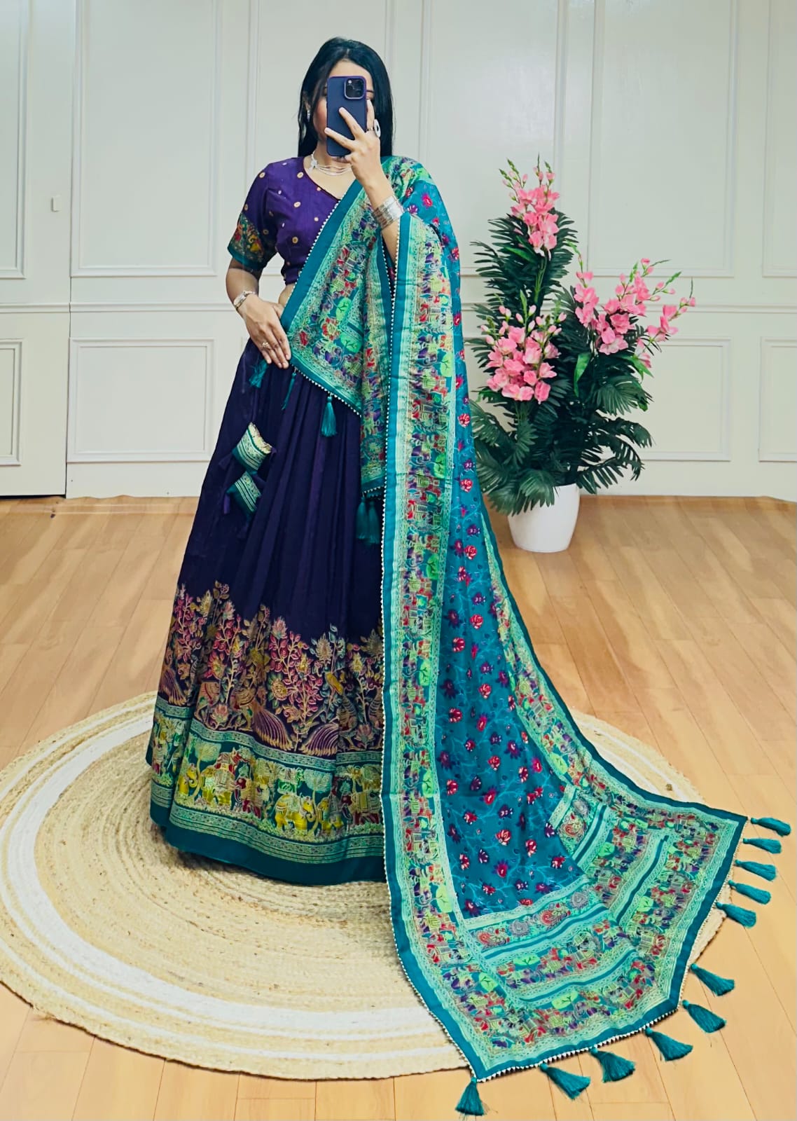Mystic Garden – Purple Tussar Silk Lehenga with Teal Kalamkari Foil Dupatta