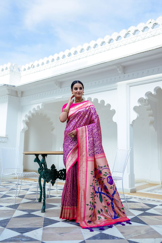 Royal Purple Soft Kanjivaram Silk Saree with Pink Contrast Border & Rich Paithani Peacock Pallu