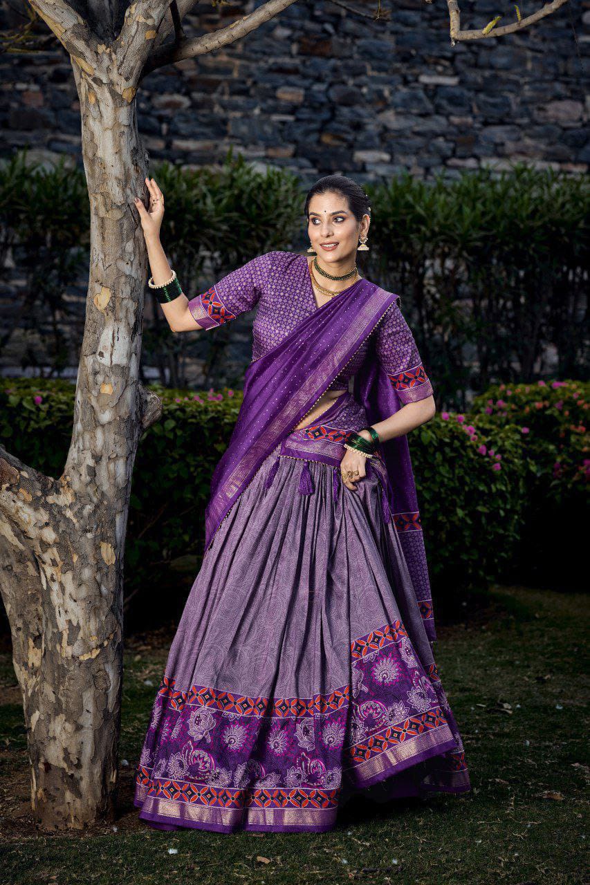 royal-purple-tussar-silk-lehenga-choli-foil-floral-print